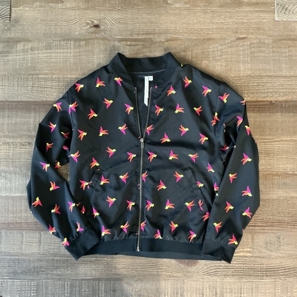 Bellatrix Colorful Hummingbird Print Black Bomber Jacket - Picture 1 of 5